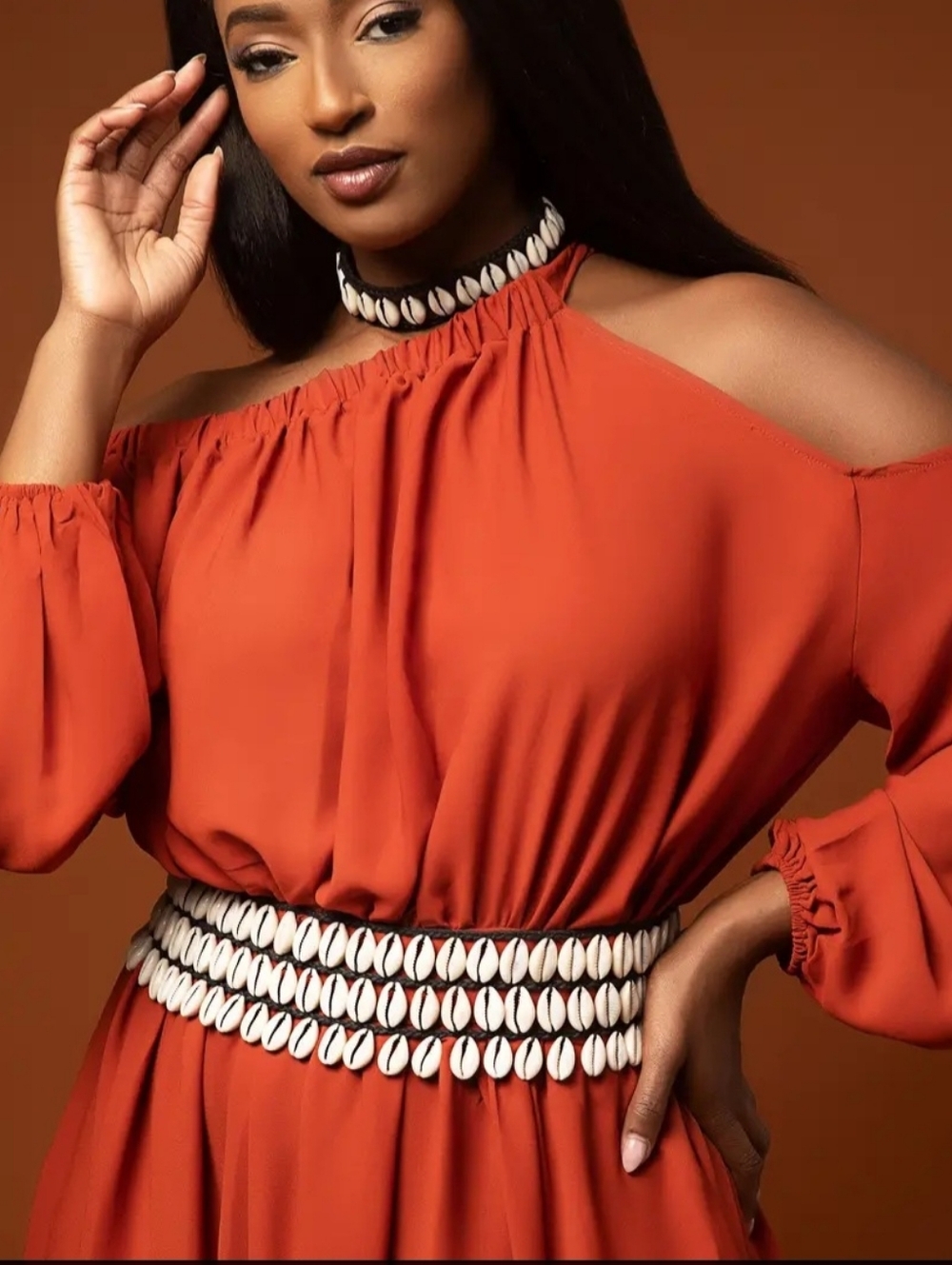 Rust Off-Shoulder Maxi Dress with Shell Belt - Picture 3 of 3